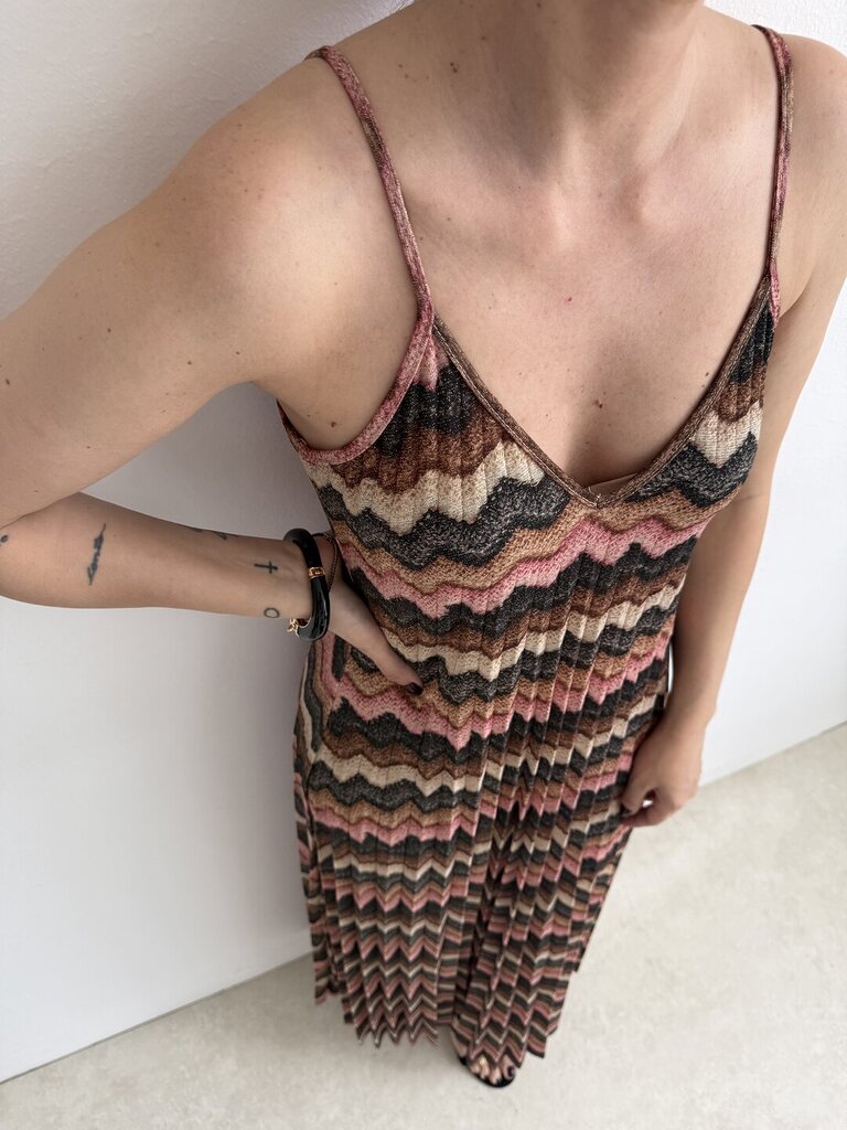 Abito plisse zigzag lurex - Marrone 