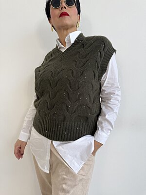 Pull smanicato treccia paillettes