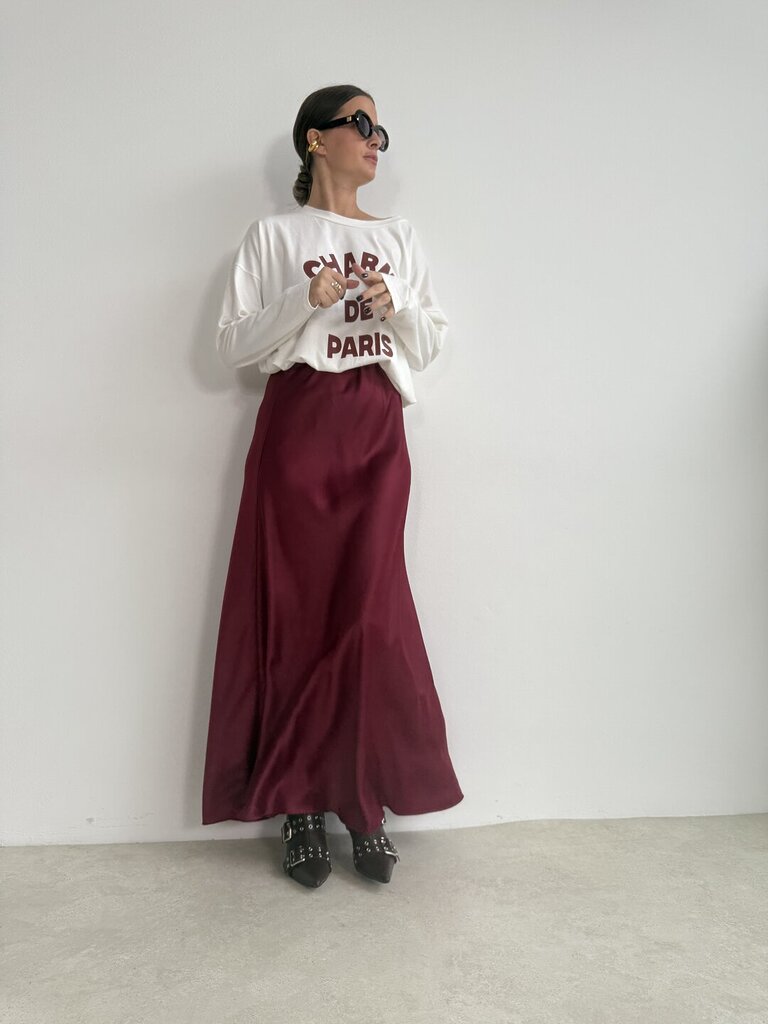 Gonna lunga campana satin - Bordeaux 
