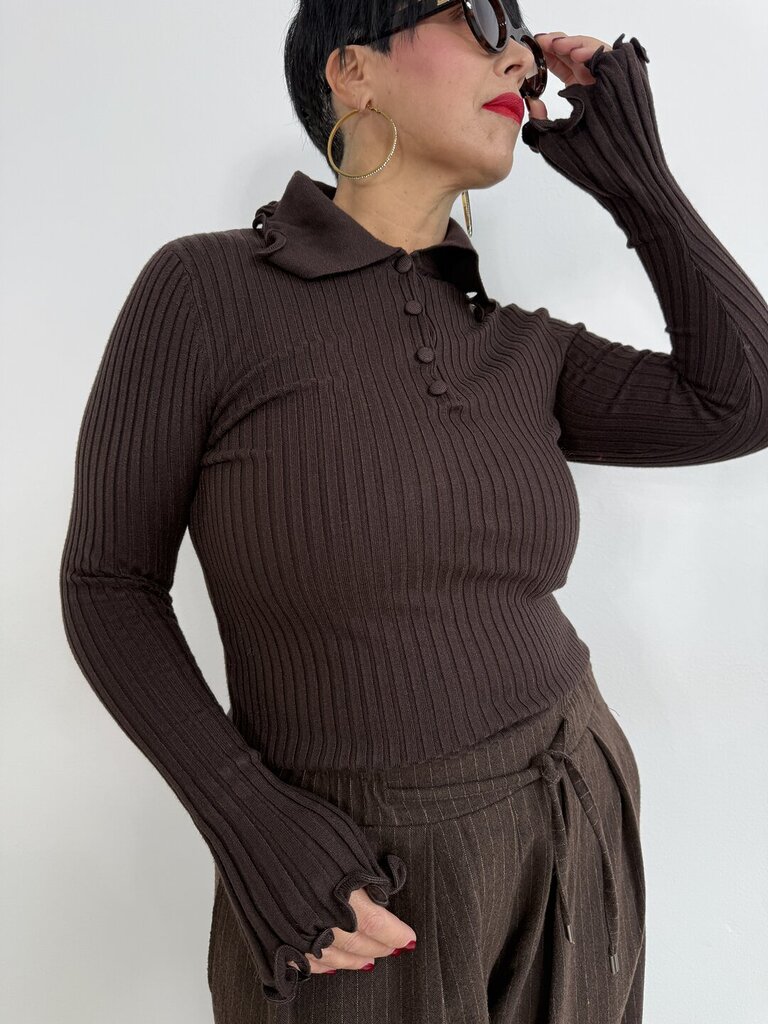 Maglia rouches colletto manica - cioccolato 