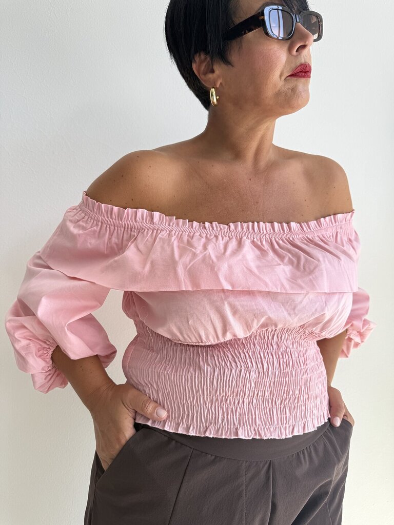 Top scollo barca volant - Rosa 