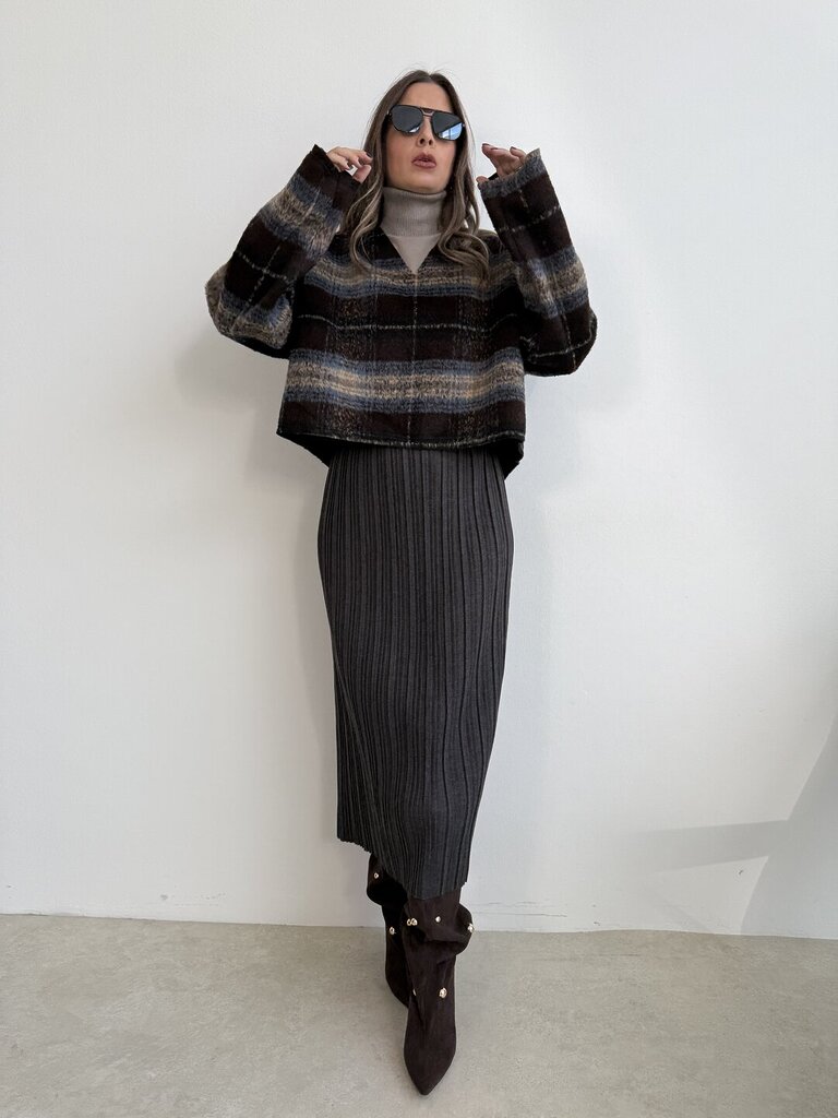 Blusa V tartan pelo - Marrone 