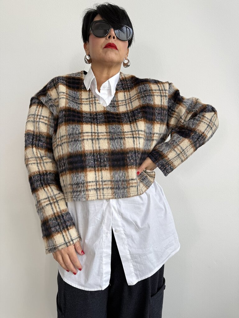 Blusa V tartan pelo - Avorio 