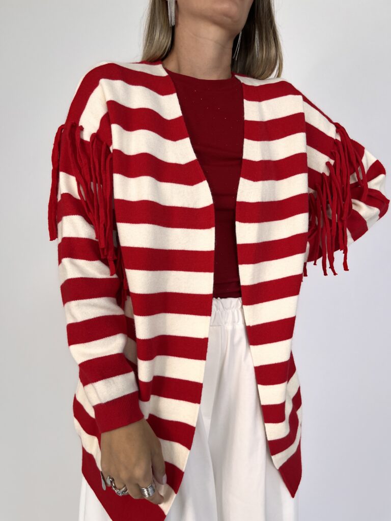 Cardigan aperto riga frangette - Rosso 