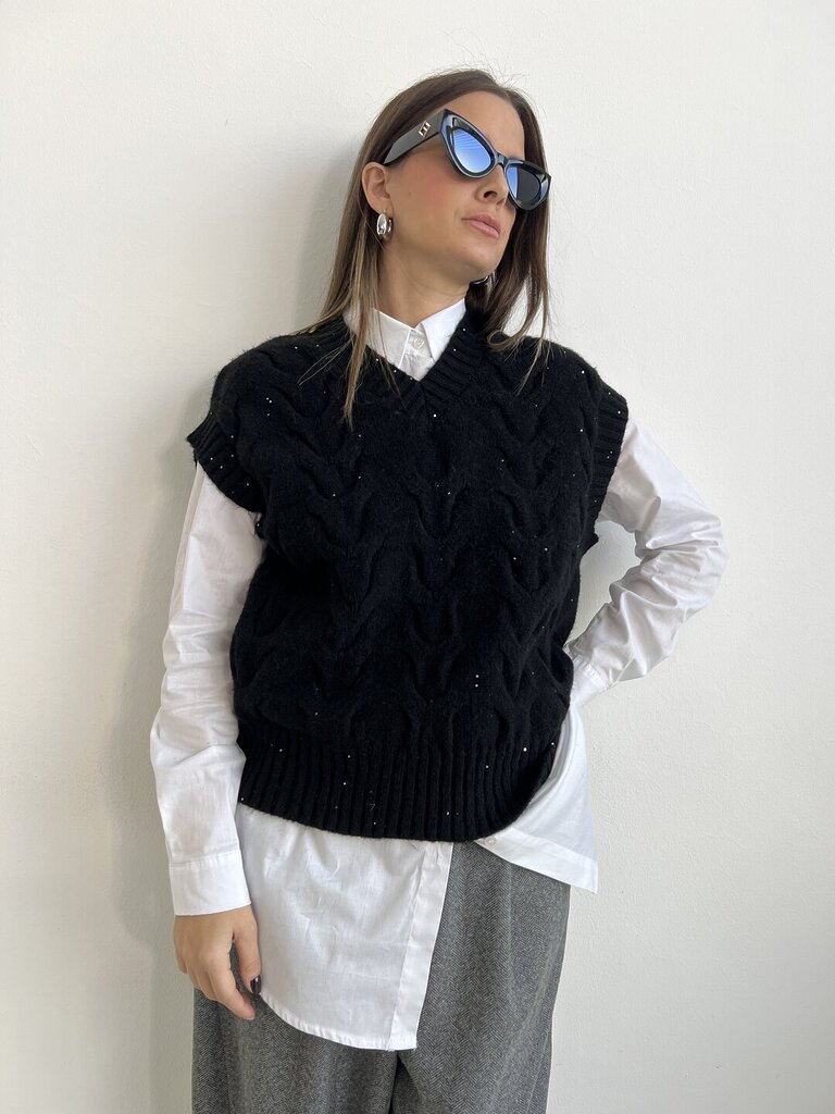 Pull smanicato treccia paillettes - Nero 