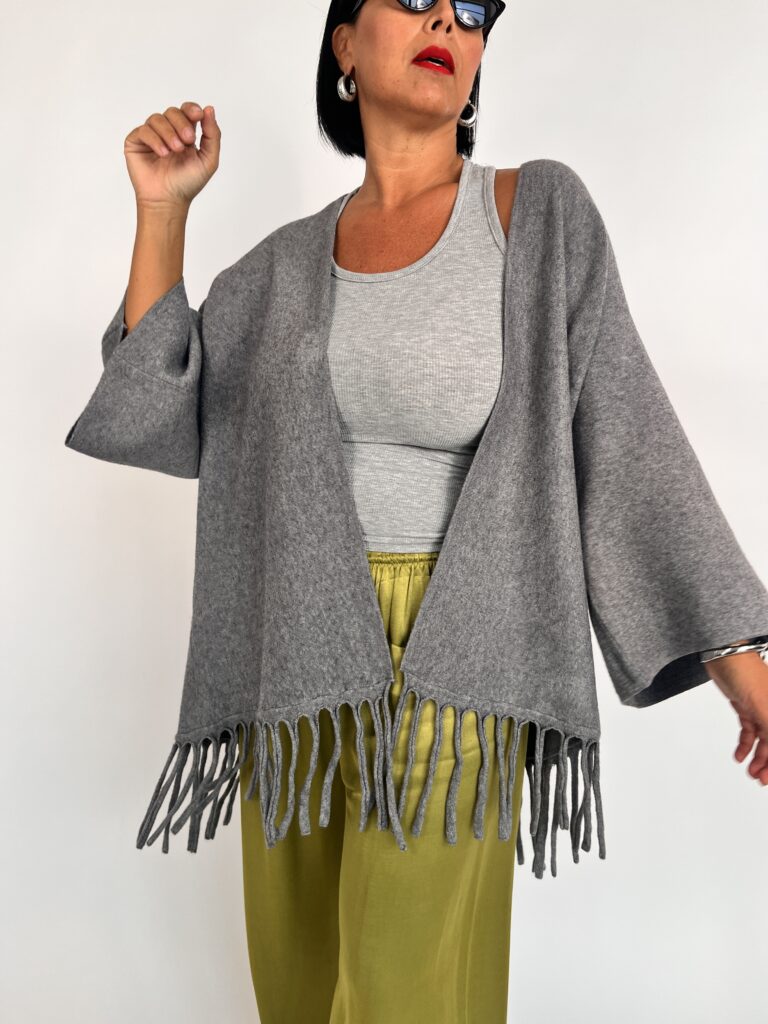 Cardigan aperto con frange - Grigio 