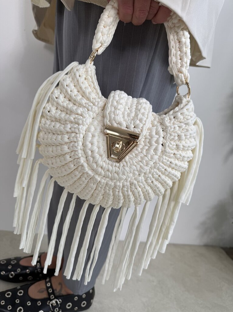 Bag CLOE crochet rotonda frange bianco 