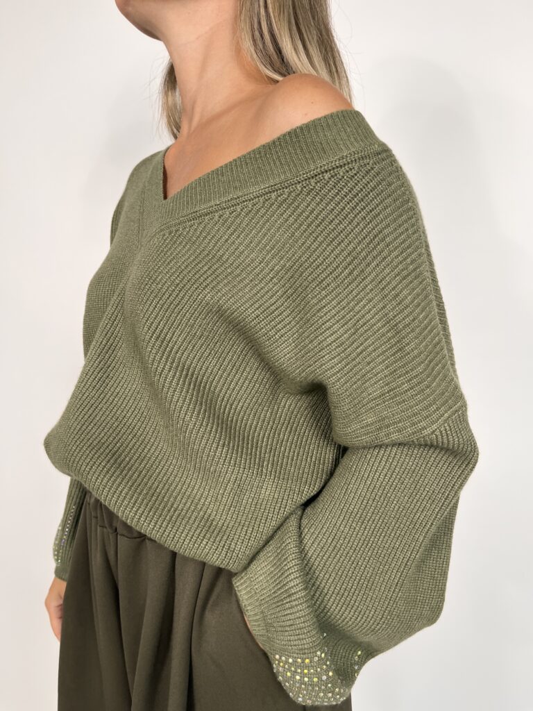 Pull manica fondo strass - verde militare 