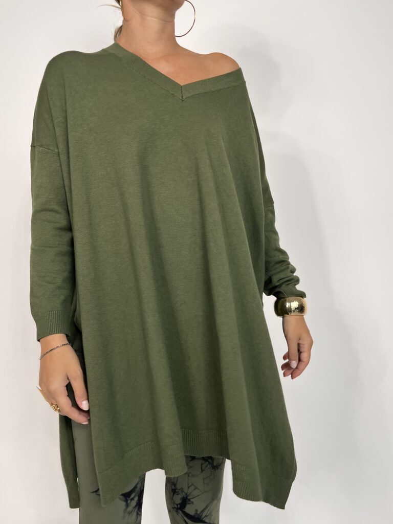 Pull long fit scollo v - verde militare 