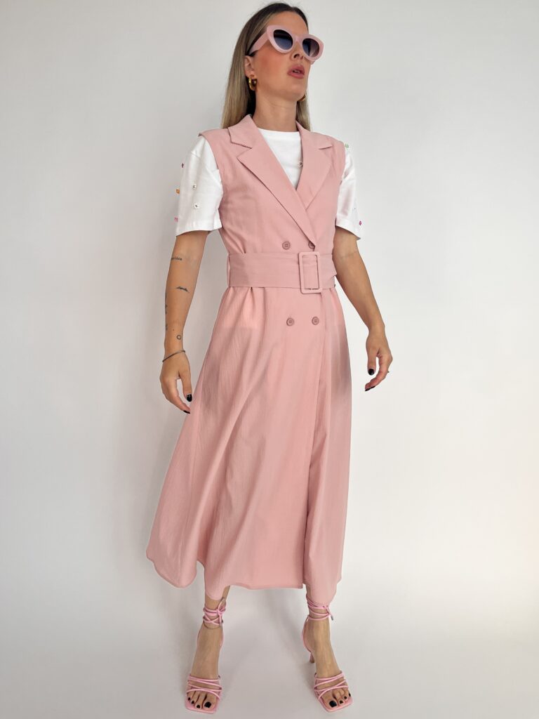 Gilet lungo dress con cintura - Rosa 